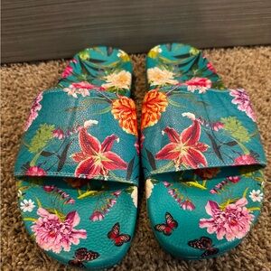 Johnny Was Teal Sandals with Floral Design